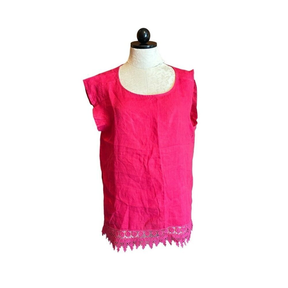 Terzo Millennio Women's L Tunic Top Hot Pink100%Linen Embroidered Hem Italy Boxy